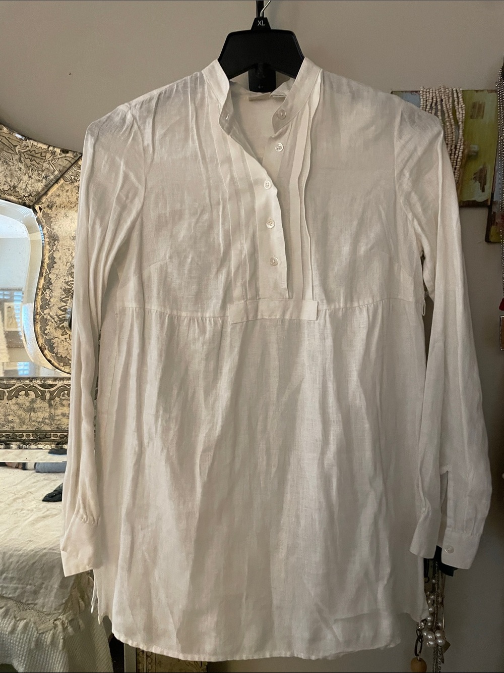Lucky Brand White Linen Button-Front Band Collar Shirt
